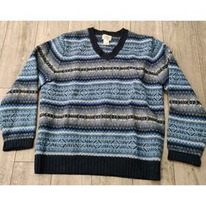 LL Bean Wool Shetland Sweater Mens Medium Blue Fair Isle V‎ Neck Geometric VTG
